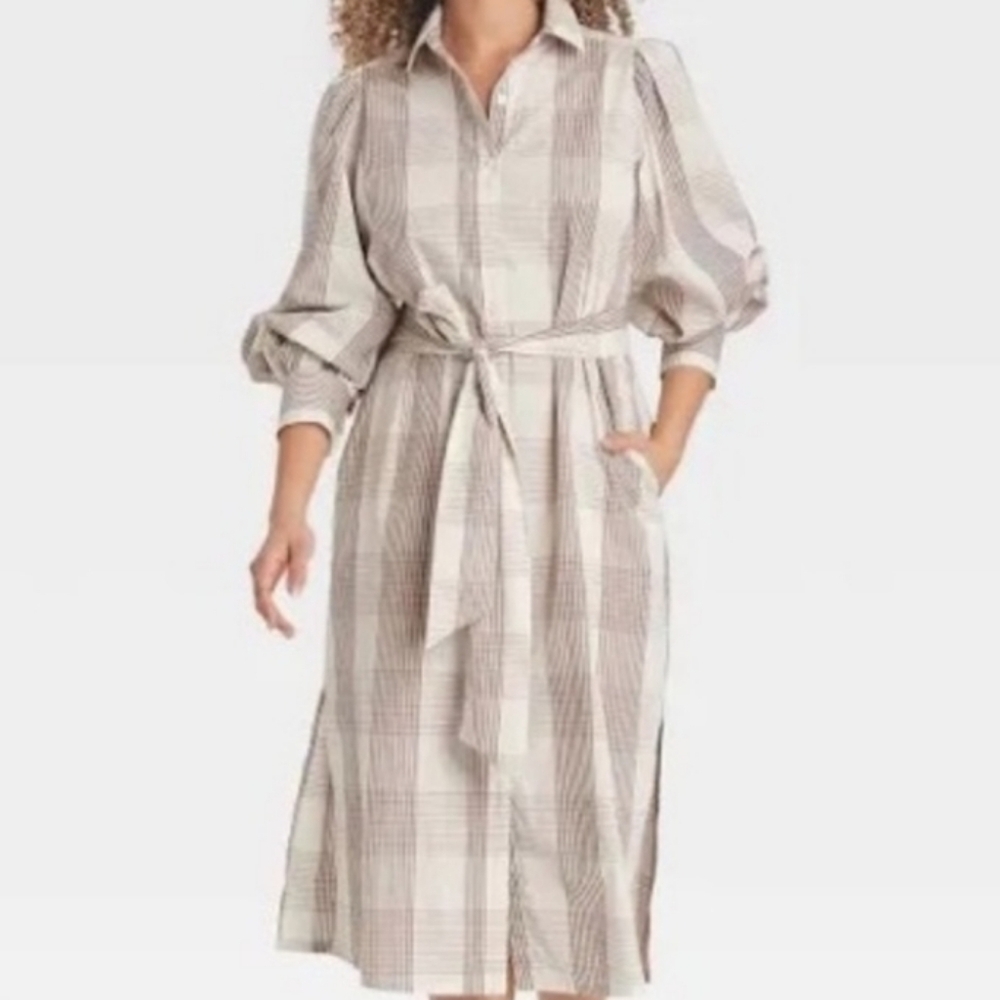 A New Day NWT Gingham Plaid Neutrals Cream Shirt Dress Size Small